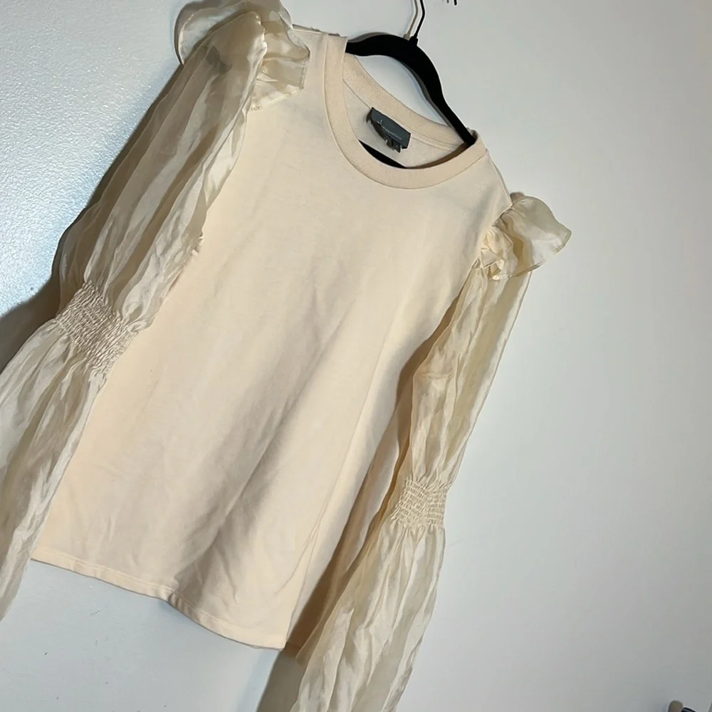 By Anthropologie Cream Ruffle Sheer Puff Long Sleeve Shirt XL